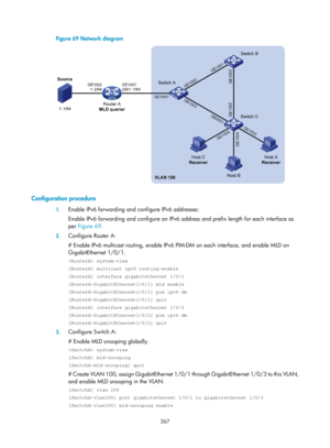 Page 1403 267 
Figure 69 Network diagram  
 
 
Configuration procedure 
1. Enable IPv6 forwarding and configure IPv6 addresses: 
Enable IPv6 forwarding and configure an IPv6 addr ess and prefix length for each interface as 
per  Figure 69 .  
2. Configure Router A: 
# Enable IPv6 multicast routing, enable IPv6 PIM-DM on each interface, and enable MLD on 
GigabitEthernet 1/0/1.  
 system-view 
[RouterA] multicast ipv6 routing-enable 
[RouterA] interface gigabitethernet 1/0/1 
[RouterA-GigabitEthernet1/0/1] mld...