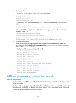 Page 1407 271 
[SwitchA-vlan100] quit 
2. Configure Switch B: 
# Enable IPv6 forwarding and enable MLD snooping globally.  
 system-view 
[SwitchB] ipv6 
[SwitchB] mld-snooping 
[SwitchB-mld-snooping] quit 
# Create VLAN 100, add GigabitEthernet 1/0/1  through GigabitEthernet 1/0/4 into VLAN 
100. 
[SwitchB] vlan 100 
[SwitchB-vlan100] port gigabitethernet 1/0/1 to gigabitethernet 1/0/4 
# Enable the MLD snooping feature and the function of dropping unknown IPv6 multicast data 
packets in VLAN 100....