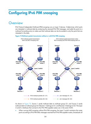 Page 1417 281 
Configuring IPv6 PIM snooping 
Overview 
IPv6 Protocol Independent Multicast (PIM) snooping runs on Layer 2 devices. It determines which ports 
are interested in multicast data by analyzing the received IPv6 PIM messages, and adds the ports to a 
multicast forwarding entry to make sure that multic ast data can be forwarded to only the ports that are 
interested in the data.  
Figure 73  Multicast packet transmission without or with IPv6 PIM snooping 
 
 
As shown in Figure 73, Source 1 sends...
