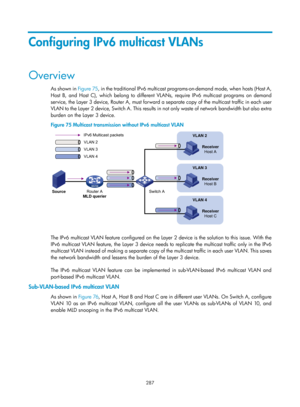 Page 1423 287 
Configuring IPv6 multicast VLANs 
Overview 
As shown in Figure 75, in the traditional IPv6 multicast programs-on-demand mode, when hosts (Host A, 
Host B, and Host C), which belong to different VLANs, require IPv6 multicast programs on demand 
service, the Layer 3 device, Router A, must forward a separate copy of the multicast traffic in each user 
VL A N to  the  Layer  2  devic e, Swi tch A . This  resu l ts  i n  not only waste of network bandwidth but also extra 
burden on the Layer 3 device....