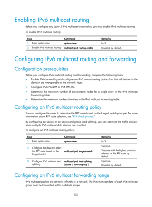 Page 1439 303 
Enabling IPv6 multicast routing  
Before you configure any Layer 3 IPv6 multicast functionality, you must enable IPv6 multicast routing.  
To enable IPv6 multicast routing:  
 
Step Command Remarks 
1.  Enter system view. 
system-view  N/A 
2.  Enable IPv6 multicast routing. 
multicast ipv6 routing-enable  Disabled by default.  
 
Configuring IPv6 multicast routing and forwarding 
Configuration prerequisites 
Before you configure IPv6 multicast routing and forwarding, complete the following tasks:...