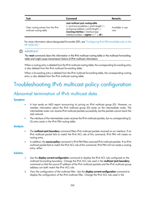 Page 1442 306 
Task Command Remarks 
Clear routing entries from the IPv6 
multicast routing table. reset multicast ipv6 routing-table
 
{ { ipv6-source-address  [ prefix-length ] | 
ipv6-group-address  [ prefix-length ] | 
incoming-interface  { interface-type 
interface-number  | register  } } * | all  }  Available in user 
view
 
 
For more information about designated forwarder (DF), see  Configuring IPv6 PIM (available only on the 
HP 5
500 EI) . 
 
 IMPORTANT: 
The 
reset  command clears the information in...