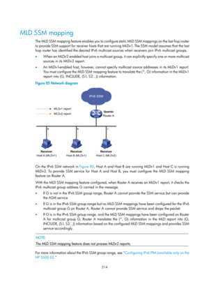 Page 1450 314 
 
MLD SSM mapping 
The MLD SSM mapping feature enables you to configure static MLD SSM mappings on the last hop router 
to provide SSM support for receiver hosts that are running MLDv1. The SSM model assumes that the last 
hop router has identified the desired IPv6 multicast sources when receivers join IPv6 multicast groups. 
•  W h e n  a n  M L D v 2  e n a b l e d  h o s t  j o i n s  a  m u l t i c a s t  g r o u p ,  i t  c a n  e x p l i c i t l y  s p e c i f y  o n e  o r  m o r e  m u l t...