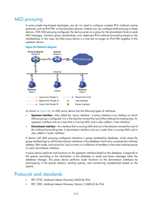 Page 1451 315 
MLD proxying 
In some simple tree-shaped topologies, you do not need to configure complex IPv6 multicast routing 
protocols, such as IPv6 PIM, on the boundary devices. Instead, you can configure MLD proxying on these 
devices. With MLD proxying configured, the device serves as a proxy for the downstream hosts to send 
MLD messages, maintain group memberships, and implement IPv6 multicast forwarding based on the 
memberships. In this case, the MLD proxy device is a host but no longer an IPv6 PIM...