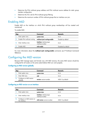 Page 1453 317 
•  Determine the IPv6 multicast group address and IPv6 multicast source address for static group 
member configuration. 
•   Determine the ACL rule for IPv6 multicast group filtering. 
•   Determine the maximum number of IPv6 multicast groups that an interface can join. 
Enabling MLD 
Enable MLD on the interface on which IPv6 multicast group memberships will be created and 
maintained. 
To  e n ab l e  M L D :  
 
Step  Command  Remarks 
1.  Enter system view. 
system-view  N/A
 
2.  Enable IPv6...