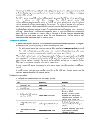 Page 1457 321 
After startup, the MLD querier periodically sends MLD general queries at the MLD query interval to check 
for IPv6 multicast group members on the network. You  can modify the query interval based on the actual 
condition of the network. 
The MLDv1 querier sends MLD multicast-address-specific  queries at the MLD last listener query interval 
when it receives an MLD done message. The MLDv2 querier sends MLD 
multicast-address-and-source-specific queries at the MLD last listener query interval when it...