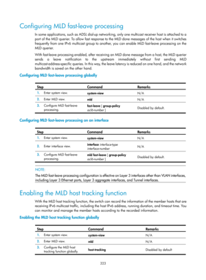 Page 1459 323 
Configuring MLD fast-leave processing 
In some applications, such as ADSL dial-up networking, only one multicast receiver host is attached to a 
port of the MLD querier. To allow fast response to the MLD done messages of the host when it switches 
frequently from one IPv6 multicast group to another, you can enable MLD fast-leave processing on the 
MLD querier.  
With fast-leave processing enabled, after receiving an MLD done message from a host, the MLD querier 
sends a leave notification to the...