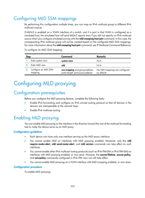 Page 1461 325 
Configuring MLD SSM mappings 
By performing this configuration multiple times, you can map an IPv6 multicast group to different IPv6 
multicast sources. 
If MLDv2 is enabled on a VLAN interface of a switch , and if a port in that VLAN is configured as a 
simulated host, the simulated host will send MLDv2 repo rts even if you did not specify an IPv6 multicast 
source when you configure simulated joining with the  mld-snooping host-join c o m m a n d.  I n  t h i s  c a s e,  t h e  
corresponding...