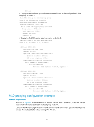 Page 1469 333 
       3001::1 
# Display the IPv6 multicast group information created based on the configured MLD SSM 
mappings on Switch D. 
[SwitchD] display mld ssm-mapping group 
Total 1 MLD SSM-mapping Group(s). 
Interface group report information 
 Vlan-interface400 (4001::2): 
  Total 1 MLD SSM-mapping Group reported 
   Group Address: FF3E::101 
    Last Reporter: 4001::1 
    Uptime: 00:02:04 
    Expires: off 
# Display the IPv6 PIM routing table information on Switch D. 
[SwitchD] display pim ipv6...