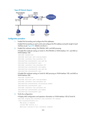 Page 1470 334 
Figure 89 Network diagram  
 
Configuration procedure 
1. Enable IPv6 forwarding and co nfigure the IPv6 addresses: 
Enable IPv6 forwarding on each switch and configure the IPv6 address and prefix length of each 
interface as per  Figure 89. (Details not 
 shown.)  
2. Enable IPv6 multicast routing, IP v6 PIM-DM, MLD, and MLD proxying: 
# Enable IPv6 multicast routing on Switch A, IPv6 PIM-DM on VLAN-interface 101, and MLD on 
VLAN-interface 100.  
 system-view 
[SwitchA] multicast ipv6...