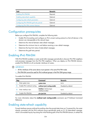 Page 1490 354 
Task  Remarks 
Enabling IPv6 PIM-DM  Required
 
Enabling state-refresh capability  Optional
 
Configuring state refresh parameters  Optional
 
Configuring IPv6 PIM-DM graft retry period  Optional
 
Configuring IPv6 PIM common features  Optional
 
 
Configuration prerequisites 
Before you configure IPv6 PIM-DM, complete the following tasks: 
•  Enable IPv6 forwarding and configure an IPv6 unic ast routing protocol so that all devices in the 
domain are interoperable at the network layer. 
•...