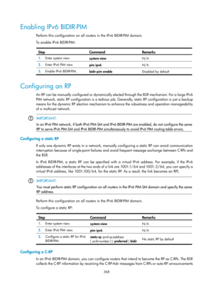 Page 1504 368 
Enabling IPv6 BIDIR-PIM 
Perform this configuration on all routers in the IPv6 BIDIR-PIM domain. 
To enable IPv6 BIDIR-PIM: 
 
Step Command Remarks 
1.  Enter system view. 
system-view  N/A 
2.  Enter IPv6 PIM view. 
pim ipv6  N/A 
3.  Enable IPv6 BIDIR-PIM. 
bidir-pim enable  Disabled by default 
 
Configuring an RP 
An RP can be manually configured or dynamically elected through the BSR mechanism. For a large IPv6 
PIM network, static RP configuration is a tedious job. Generally, static RP...