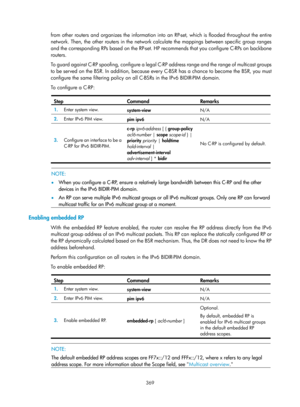 Page 1505 369 
from other routers and organizes the information into an RP-set, which is flooded throughout the entire 
network. Then, the other routers in the network calculate the mappings between specific group ranges 
and the corresponding RPs based on the RP-set. HP recommends that you configure C-RPs on backbone 
routers. 
To guard against C-RP spoofing, configure a legal C-RP address range and the range of multicast groups 
to be served on the BSR. In addition, because every C-BSR has a chance to become...