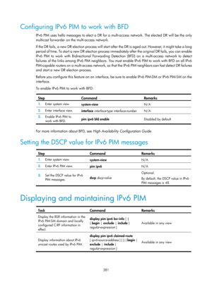 Page 1517 381 
Configuring IPv6 PIM to work with BFD 
IPv6 PIM uses hello messages to elect a DR for a multi-access network. The elected DR will be the only 
multicast forwarder on the multi-access network.  
If the DR fails, a new DR election process will start after  t h e  D R  i s  a g e d  o u t.  H oweve r,  i t  m i g h t  t a ke  a  l o n g  
period of time. To start a new DR election process i mmediately after the original DR fails, you can enable 
IPv6 PIM to work with Bidirectional Forwarding Detection...