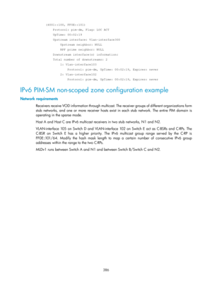 Page 1522 386 
 (4001::100, FF0E::101) 
     Protocol: pim-dm, Flag: LOC ACT 
     UpTime: 00:02:19 
     Upstream interface: Vlan-interface300 
         Upstream neighbor: NULL 
         RPF prime neighbor: NULL 
     Downstream interface(s) information: 
     Total number of downstreams: 2 
         1: Vlan-interface103 
             Protocol: pim-dm, UpTime: 00:02:19, Expires: never 
         2: Vlan-interface102 
             Protocol: pim-dm, UpTime: 00:02:19, Expires: never 
IPv6 PIM-SM non-scoped zone...