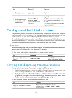 Page 154 142 
Step Command Remarks 
1.  Enter system view. 
system-view  N/A 
2.  Configure temperature 
thresholds for an IRF 
member device.  temperature-limit 
slot 
slot-number  hotspot  
sensor-number  lowerlimit 
warninglimit    Optional. 
By default, the lower threshold is –5°C 
(23°F), and the warning threshold is 55°C 
(131°F). 
The warning threshold must be higher than 
the lower threshold. 
 
Clearing unused 16-bit interface indexes 
The device must maintain persistent 16-bit interf
ace indexes and...
