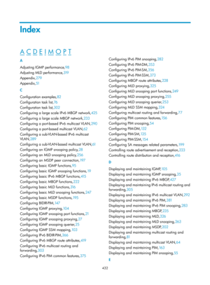 Page 1568 432 
Index 
A C D E I M O P T  
A 
Adjusting IGMP performance, 98 
A

djusting MLD performance, 319 
A

ppendix, 279 
A

ppendix, 51 
C 
C

onfiguration examples, 82 
Co

nfiguration task list, 76 
Co

nfiguration task list, 302 
C

onfiguring a large scale IPv6 MBGP network, 425 
C

onfiguring a large scale MBGP network, 233 
C

onfiguring a port-based IPv6 multicast VLAN, 290 
C

onfiguring a port-based multicast VLAN, 62 
C

onfiguring a sub-VLAN-based IPv6 multicast 
VLAN, 289 
C

onfiguring a...