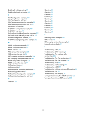 Page 1569 433 
Enabling IP multicast routing, 77 
Ena
bling IPv6 multicast routing, 303 
I 
I

GMP configuration examples, 10 8 
I

GMP configuration task list, 94 
I

GMP snooping configuration examples,36  
I

GMP snooping configuration task list, 18 
In

troduction to multicast, 1 
I

Pv6 MBGP configuration example,429  
IP

v6 MBGP overview, 414 
I

Pv6 multicast VLAN configuration examples, 292 
I

Pv6 multicast VLAN configuration task list, 289 
I

Pv6 PIM configuration examples, 383 
I

Pv6 PIM snooping...