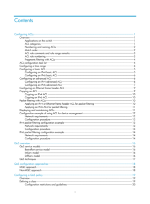 Page 1570i 
Contents 
Configuring ACLs ··················\
··················\
··················\
··················\
··················\
··················\
·· ··················\
··················\
······· 1 
Overview ··················\
··················\
··················\
··················\
··················\
··················\
··················\
···················\
··················\
·········  1 
Applications on the switch ··················\
··················\
··················\...