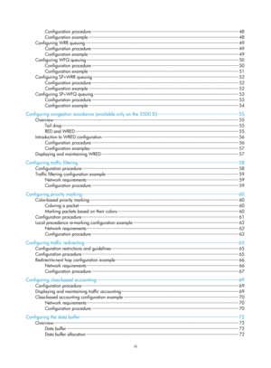 Page 1572iii 
Configuration procedure ··················\
··················\
··················\
··················\
··················\
············· ··················\
············· 48 
Configuration example ··················\
··················\
··················\
··················\
··················\
··············· ··················\
·············· 48 
Configuring WRR queuing ··················\
··················\
··················\
··················\
··················\
·············...