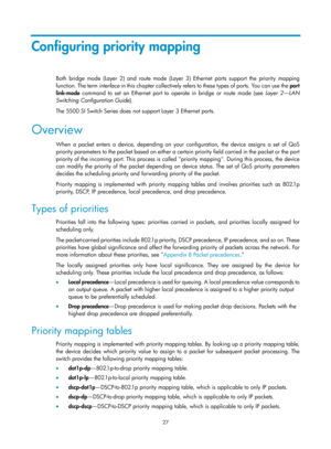 Page 1600 27 
Configuring priority mapping 
Both bridge mode (Layer 2) and route mode (Layer 3) Ethernet ports support the priority mapping 
function. The term  interface i n thi s  chapter  c ol le ctively refers  to  these  t ypes  of  por ts. You  c an use  the  port 
link-mode  command to set an Ethernet port to operate in bridge or route mode (see  Layer 2—LAN 
Switching Configuration Guide ). 
The 5500 SI Switch Series does not support Layer 3 Ethernet ports.  
Overview 
When a packet enters a device,...