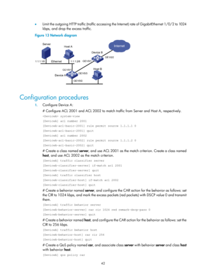 Page 1615 42 
•  Limit the outgoing HTTP traffic (traffic accessing the Internet) rate of GigabitEthernet 1/0/2 to 1024 
kbps, and drop the excess traffic.  
Figure 13  Network diagram 
 
 
Configuration procedures 
1. Configure Device A: 
# Configure ACL 2001 and ACL 2002 to match traffic from Server and Host A, respectively.  
 system-view 
[DeviceA] acl number 2001 
[DeviceA-acl-basic-2001] rule permit source 1.1.1.1 0 
[DeviceA-acl-basic-2001] quit 
[DeviceA] acl number 2002 
[DeviceA-acl-basic-2002] rule...
