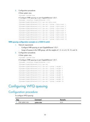 Page 1623 50 
2.
 
Configuration procedures 
# Enter system view.  
 system-view 
# Configure WRR queuing on port GigabitEthernet 1/0/1.  
[Sysname] interface GigabitEthernet 1/0/1 
[Sysname-GigabitEthernet1/0/1] qos wrr byte-count 
[Sysname-GigabitEthernet1/0/1] qos wrr 0 group 1 byte-count 1 
[Sysname-GigabitEthernet1/0/1] qos wrr 1 group 1 byte-count 2 
[Sysname-GigabitEthernet1/0/1] qos wrr 2 group 1 byte-count 4 
[Sysname-GigabitEthernet1/0/1] qos wrr 3 group 1 byte-count 6 
[Sysname-GigabitEthernet1/0/1]...