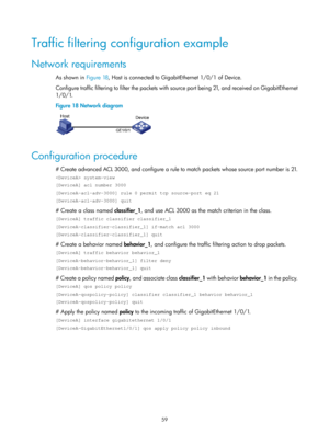 Page 1632 59 
Traffic filtering configuration example 
Network requirements 
As shown in Figure 18, Ho st is connected to GigabitEthernet 1/0/1 of Device. 
Configure traffic filtering to filter the packets with  source port being 21, and received on GigabitEthernet 
1/0/1. 
Figure 18  Network diagram 
 
 
Configuration procedure 
# Create advanced ACL 3000, and configure a rule to match packets whose source port number is 21. 
 system-view 
[DeviceA] acl number 3000 
[DeviceA-acl-adv-3000] rule 0 permit tcp...
