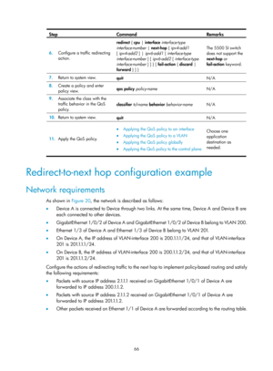 Page 1639 66 
Step Command Remarks 
6.  Configure a traffic redirecting 
action.  redirect 
{ cpu  | interface  interface-type 
interface-number |  next-hop  { ipv4-add1  
[ ipv4-add2 ] |  ipv6-add1 [ interface-type 
interface-number  ] [ ipv6-add2  [ interface-type 
interface-number  ] ] } [ fail-action { discard | 
forward  } ] }  The 5500 SI switch 
does not support the 
next-hop
 or 
fail-action  keyword. 
 
7.  Return to system view. 
quit  N/A 
8.  Create a policy and enter 
policy view.  qos policy...