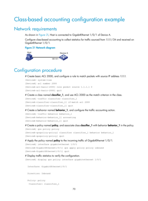 Page 1643 70 
Class-based accounting configuration example 
Network requirements 
As shown in Figure 21, Ho st is connected to GigabitEthernet 1/0/1 of Device A. 
Configure class-based accounting to collect statistics for traffic sourced from 1.1.1.1/24 and received on 
GigabitEthernet 1/0/1. 
Figure 21  Network diagram 
 
 
Configuration procedure 
# Create basic ACL 2000, and configure a rule to match packets with source IP address 1.1.1.1. 
 system-view 
[DeviceA] acl number 2000 
[DeviceA-acl-basic-2000] rule...