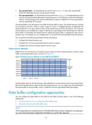 Page 1646 73 
•  On a per-port basis —As illustrated by the vertical lines in  Figure 22, the s witch automatically 
divides the dedicated resource among all ports evenly.  
•   On a per-queue basis —As illustrated by the horizontal lines in  Figure 22, the dedi
 cated resource of 
each port is proportionately allocated among the qu eues on it and all ports use the same allocation 
scheme. The percentage of the resource allocated to a queue is called the minimum guaranteed 
resource percentage of the queue.  
The...