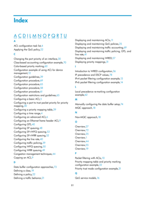 Page 1654 81 
Index 
A C D I L M N O P Q R T U  
A 
ACL configuration task list,4 
A

pplying the QoS policy, 22 
C 
C

hanging the port priority of an interface,30  
C

lass-based accounting configuration example, 70 
C

olor-based priority marking, 60 
C

onfiguration example of using ACL for device 
management, 12 
C

onfiguration guidelines, 29 
C

onfiguration procedure,69  
C

onfiguration procedure,65  
C

onfiguration procedure,58  
C

onfiguration procedure,61  
Co

nfiguration restrictions and...