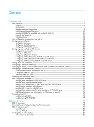 Page 1656i 
Contents 
Configuring AAA ··················\
··················\
··················\
··················\
··················\
··················\
··· ··················\
··················\
······ 1 
AAA overview ··················\
··················\
··················\
··················\
··················\
··················\
······ ··················\
··················\
············· 1 
RADIUS ··················\
··················\
··················\
··················\
··················\...