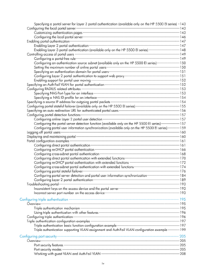 Page 1659iv 
Specifying a portal server for Layer 3 portal authentication (available only on the HP 5500 EI series) ·· 143 
Configuring the local portal server ··················\
··················\
··················\
··················\
··················\
· ··················\
··············· 143 
Customizing authentication pages ··················\
··················\
··················\
··················\
··················\
···· ··················\
···· 143 
Configuring the loca l portal server...