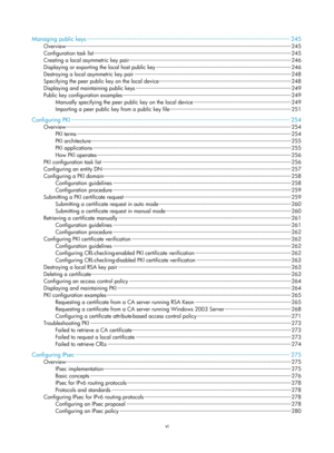 Page 1661vi 
Managing public keys ··················\
··················\
··················\
··················\
··················\
················ ··················\
················ 245 
Overview ··················\
··················\
··················\
··················\
··················\
··················\
··················\
···················\
··················\
····  245 
Configuration task list ··················\
··················\
··················\
··················\
··················\...