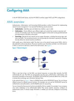 Page 16661 
Configuring AAA 
In the HP 5500 Switch Series, only the HP 5500 EI switches support MCE and VPN configurations. 
AAA overview 
Authentication, Authorization, and Accounting (AAA) provides a uniform framework for implementing 
network access management. It can prov ide the following security functions: 
•   Authentication —Identifies users and determines whether a user is valid.  
•   Authorization —Grants different users different rights an d controls their access to resources and 
services. For...