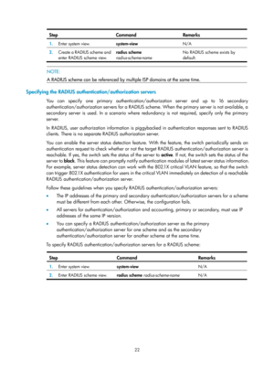 Page 168722 
Step Command Remarks 
1.  Enter system view. 
system-view  N/A 
2.  Create a RADIUS scheme and 
enter RADIUS scheme view.  radius scheme
 
radius-scheme-name  No RADIUS scheme exists by 
default. 
 
 
NOTE: 
A RADIUS scheme can be referenced by multiple ISP domains at the same time.  
Specifying the RADIUS authentication/authorization servers 
You can specify one primary authentication/authorization server and up to 16 secondary 
authentication/authorization servers for a RADIUS scheme. When the...