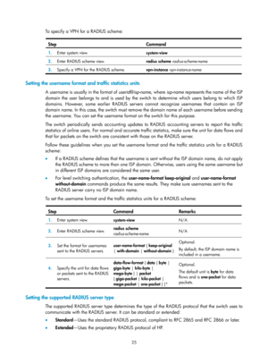 Page 169025 
To specify a VPN for a RADIUS scheme:   
Step Command 
1.  Enter system view. 
system-view 
2.  Enter RADIUS scheme view. 
radius scheme radius-scheme-name  
3.  Specify a VPN for the RADIUS scheme.  vpn-instance vpn-instance-name  
 
Setting the username format and traffic statistics units 
A username is usually in the format of  userid@isp-name , where isp-name  represents the name of the ISP 
domain the user belongs to and is used by the sw itch to determine which users belong to which ISP...