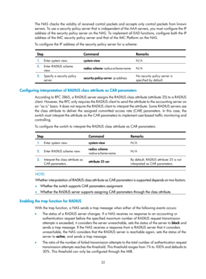 Page 169732 
The NAS checks the validity of received control packets and accepts only control packets from known 
servers. To use a security policy server that is independent of the AAA servers, you must configure the IP 
address of the security policy server on the NAS. To implement all EAD functions, configure both the IP 
address of the IMC security policy server and that of the IMC Platform on the NAS.  
To configure the IP address of the security policy server for a scheme: 
 
Step Command Remarks 
1....
