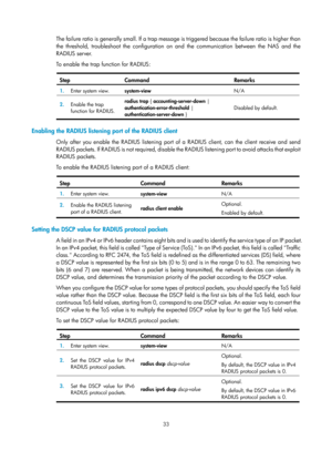 Page 169833 
The failure ratio is generally small. If a trap message is triggered because the failure ratio is higher than 
the threshold, troubleshoot the configuration on and the communication between the NAS and the 
RADIUS server. 
To enable the trap function for RADIUS: 
 
Step Command Remarks 
1.  Enter system view. 
system-view  N/A 
2.
  Enable the trap 
function for RADIUS.  radius trap
 { accounting-server-down  | 
authentication-error-threshold | 
authentication-server-down  } Disabled by default....