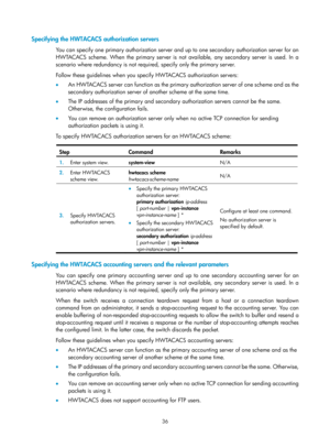 Page 170136 
Specifying the HWTACACS authorization servers 
You can specify one primary authorization server and up to one secondary authorization server for an 
HWTACACS scheme. When the primary server is not available, any secondary server is used. In a 
scenario where redundancy is not required, specify only the primary server. 
Follow these guidelines when you specify HWTACACS authorization servers: 
•   An HWTACACS server can function as the primary authorization server of one scheme and as the 
secondary...