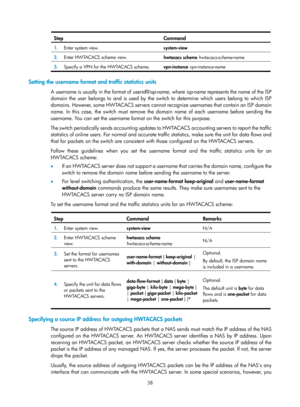 Page 170338 
Step Command 
1.  Enter system view. 
system-view 
2.  Enter HWTACACS scheme view. 
hwtacacs scheme hwtacacs-scheme-name  
3.  Specify a VPN for the HWTACACS scheme.  vpn-instance vpn-instance-name  
 
Setting the username format and traffic statistics units 
A username is usually in the format of  userid@isp-name , where isp-name  represents the name of the ISP 
domain the user belongs to and is used by the sw itch to determine which users belong to which ISP 
domai ns. However, some  HW TACACS ser...