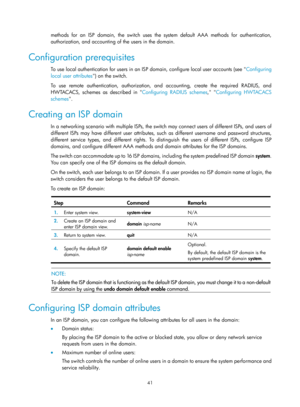 Page 170641 
methods for an ISP domain, the switch uses the system default AAA methods for authentication, 
authorization, and accounting of the users in the domain. 
Configuration prerequisites 
To use local authentication for users in an ISP domain, configure local user accounts (see Configuring 
local u
ser attributes ) on the switch. 
To use remote authentication, authorization, and accounting, create the required RADIUS, and 
HWTACACS, schemes as described in  Configuring RADIUS schemes, Configuring HWTACACS...