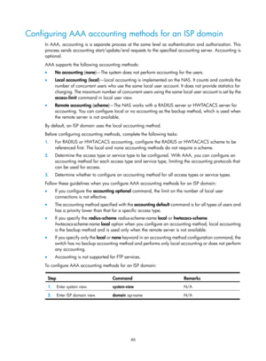 Page 171146 
Configuring AAA accounting methods for an ISP domain 
In AAA, accounting is a separate process at the same level as authentication and authorization. This 
process sends accounting start/update/end requests to the specified accounting server. Accounting is 
optional. 
AAA supports the following accounting methods:  
•   No accounting  (none )—The system does not perform accounting for the users. 
•   Local accounting  (local )—Local accounting is implemented on the NAS. It counts and controls the...