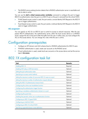 Page 1757 92 
•  The RADIUS server probing function detects that a RADIUS authentication server is reachable and 
sets its state to active.  
You can use the dot1x critical recovery-action reinitialize  command to configure the port to trigger 
802.1X re-authentication when the port or an 802.1X us er on the port is removed from the critical VLAN.   
•   If MAC-based access control is used, the port se nds a unicast Identity EAP/Request to the 802.1X 
user to trigger authentication.  
•   If port-based access...