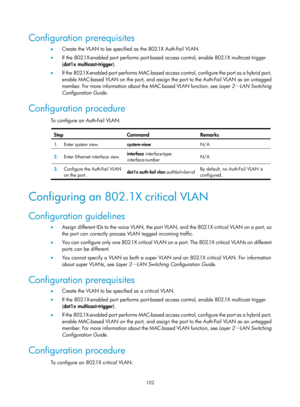 Page 1767 102 
Configuration prerequisites 
•  Create the VLAN to be specified as the 802.1X Auth-Fail VLAN. 
•   If the 802.1X-enabled port performs port-based  access control, enable 802.1X multicast trigger 
(dot1x multicast-trigger ). 
•   If the 802.1X-enabled port performs MAC-based acce ss control, configure the port as a hybrid port, 
enable MAC-based VLAN on the port, and assign the port to the Auth-Fail VLAN as an untagged 
member. For more information about the MAC-based VLAN function, see  Layer 2...