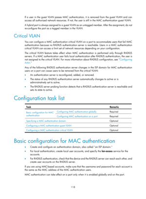 Page 1783 118 
If a user in the guest VLAN passes MAC authentication, it is removed from the guest VLAN and can 
access all authorized network resources. If not, the user is still in the MAC authentication guest VLAN. 
A hybrid port is always assigned to a guest VLAN as an untagged member. After the assignment, do not 
re-configure the port as a tagged member in the VLAN. 
Critical VLAN 
You can configure a MAC authentication critical VLAN on a port to accommodate users that fail MAC 
authentication because no...