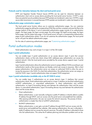 Page 1797 132 
Protocols used for interaction between the client and local portal server 
HTTP and Hypertext Transfer Protocol Secure (HTTPS) can be used for interaction between an 
authentication client and an access device providing the local portal server function. If HTTP is used, 
there are potential security problems because HTTP packets are transferred in plain text; if HTTPS is used, 
secure data transmission is ensured because HTTPS pack ets are transferred in cipher text based on SSL. 
Authentication...