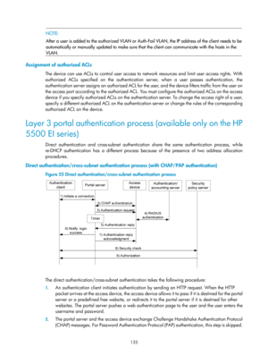 Page 1800 135 
 NOTE: 
After a user is added to the authorized VLAN or Auth-Fail VLAN, the IP address of the client needs to be
automatically or manually updated to make sure that  the client can communicate with the hosts in the 
VLAN.  
Assignment of authorized ACLs 
The device can use ACLs to control user access to network resources and limit user access rights. With 
authorized ACLs specified on the authentication server, when a user passes authentication, the 
authentication server assigns an authorized ACL...