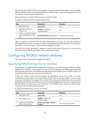 Page 1818 153 
This task sets the Auth-Fail VLAN to be assigned to users failing portal authentication. You can specify 
different Auth-Fail VLANs for portal authentication on different ports. A port can be specified with only 
one Auth-Fail VLAN for portal authentication. 
Before specifying an Auth-Fail VLAN, be sure to create the VLAN. 
To specify an Auth-Fail VLAN for portal authentication: 
 
Step Command Remarks 
1.   Enter system view. 
system-view  N/A 
2.  Enter Layer 2 Ethernet 
interface view....